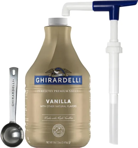 Vista 12 de Ghirardelli Salsa de caramelo, botella de 87.3 onzas (5 libras 7.3 onzas) con cuchara y bomba de barista estampada Ghirardelli