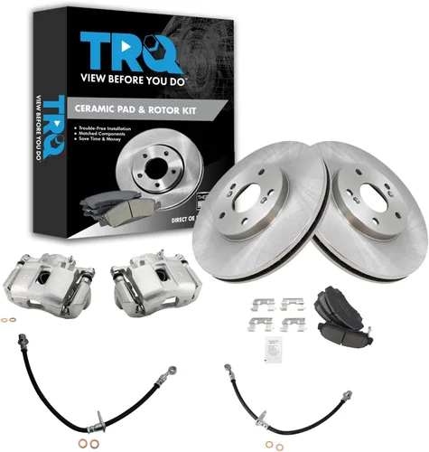 Vista 45 de TRQ Juego de pastillas de freno delanteras y rotores de cerámica, pinzas, mangueras, compatibles con Honda Odyssey 2005-2010