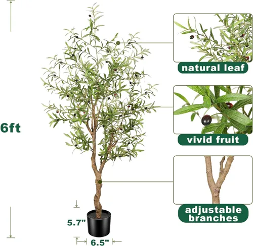Vista 2 de FEELEAD Árbol de olivo artificial de 6 pies de alto, árbol de seda de olivo falso con maceta, ramas de olivo natural y hojas realistas, olivo