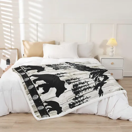 Vista 2 de Manfei Manta de oso negro con silueta de árbol para sofá, manta de cama temática de aventura de montaña para niños y adolescentes, decoración