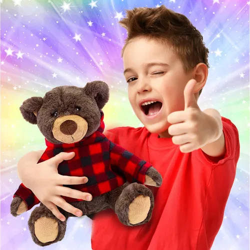 Vista 2 de DolliBu Oso marrón de felpa con capucha a cuadros rojos, oso suave y abrazable, adorable peluche de oso marrón del zoológico, bonito regalo