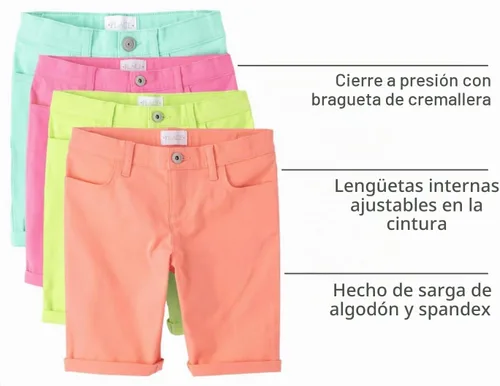 Vista 4 de The Children's Place - Pantalones cortos sólidos para niñas Aguamarina/rosa/amarillo/naranja Brights paquete de 4