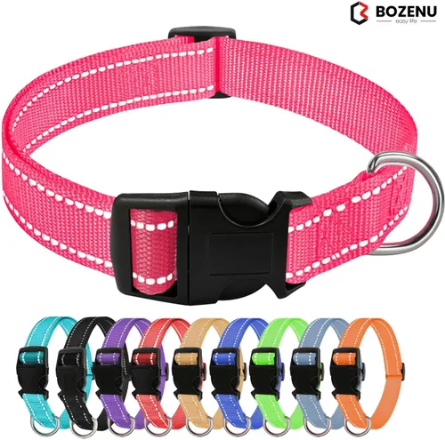 Vista 7 de Collar para perro con hebilla, de nailon transpirable, reflectante, ajustable, para perros pequeños, medianos y grandes, color rosa intenso, grande