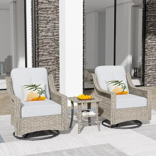 Vista 22 de HOOOWOOO Sofá de patio de 3 plazas de mimbre para exteriores, resistente a todo tipo de clima, con respaldo alto, muebles a juego (beige y bronceado)
