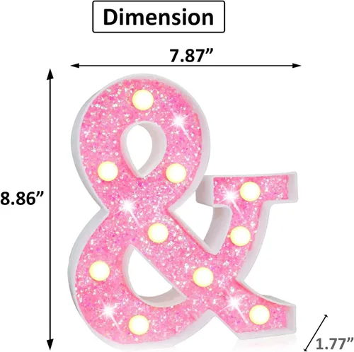 Vista 6 de Letras rosas iluminadas con purpurina, letras del alfabeto rosas, letreros de luces LED en marquesina rosas con batería para iluminación nocturna