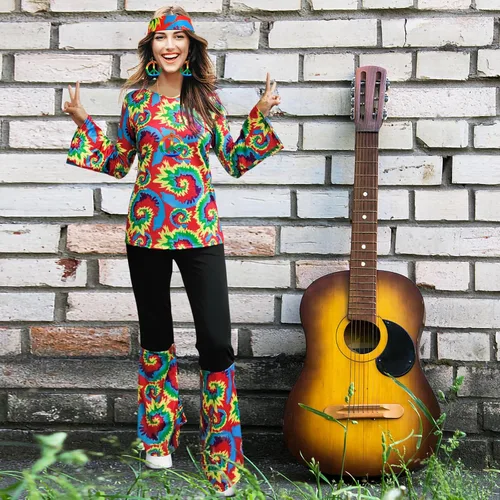 Vista 3 de 6 piezas de disfraces hippie de los años 70 para mujer, disfraz de discoteca, disfraz de fiesta de los años 60, aretes de los años 70, collar