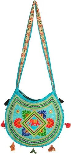 Vista 6 de Tribe Azure Fair Trade Hippie Sling Bolso cruzado hecho a mano Boho Chic Patchwork Bordado Bolso de Hombro Azul Gitano, Azul