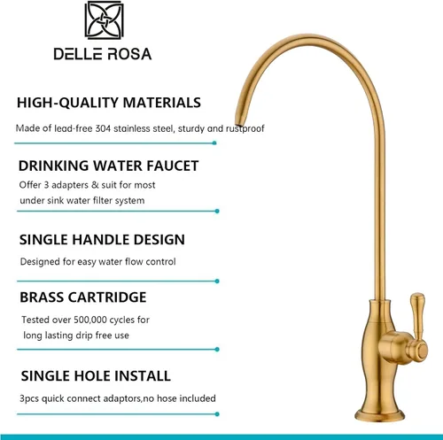 Vista 4 de Delle Rosa Grifo de agua potable de oro cepillado, grifo de filtración de agua comercial para sistema de filtro de agua debajo del fregadero, grifos