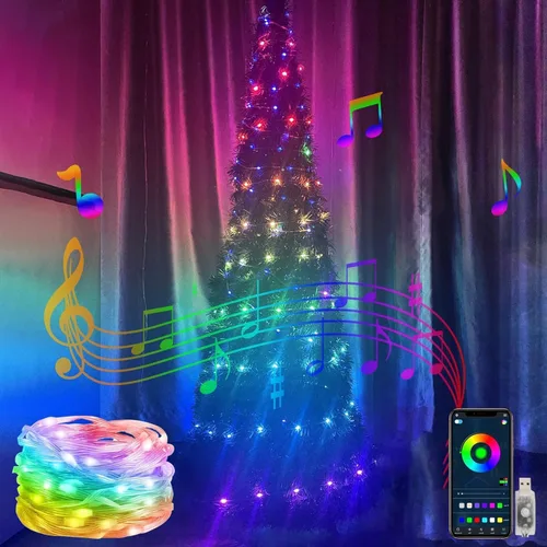 Vista 8 de Honche Guirnalda de luces inteligentes RGB de 100 luces LED USB de 32.8 ft/33 pies, impermeable, con control de aplicación, decoración de árbol