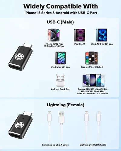 Vista 5 de MoKo Adaptador Lightning hembra a USB C macho, paquete de 4, adaptador Lightning USB C para iPhone 17 Air 16 15 Pro Max, Galaxy S24, adaptador