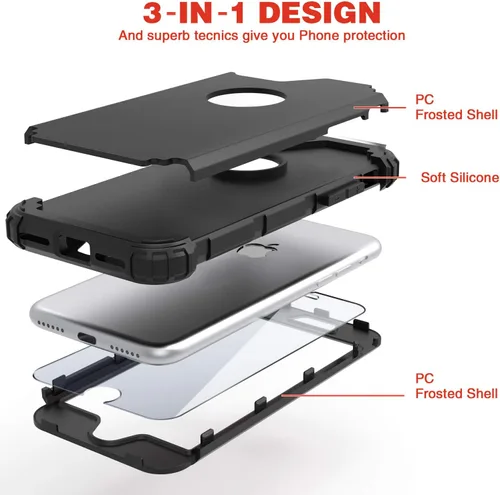 Vista 6 de IDweel Funda para iPhone 8 con Protector de Pantalla de Vidrio Templado, para iPhone 7, 3 en 1, Resistente a Golpes, Delgada, Híbrida, de Servicio