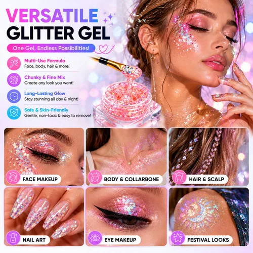 Vista 6 de 12 colores de gel con purpurina que brilla en la oscuridad, reactiva a la luz negra UV, para rostro y cuerpo, no necesita pegamento, grado cosmético