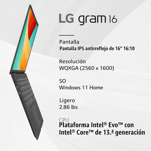 Vista 2 de LG gram - Portátil ligero de 16 pulgadas, plataforma Intel Core i7 Evo, Windows 11 Home, 16 GB de RAM, SSD de 512 GB, negro