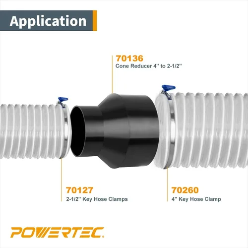 Vista 2 de POWERTEC 70338 Reductor de cono de manguera de 4 pulgadas a 2-1/2 pulgadas con juego de abrazadera de llave
