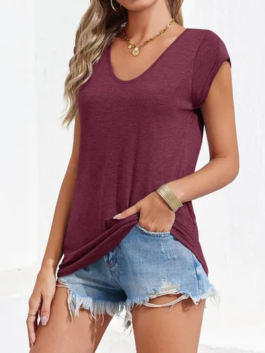 Vista 4 de Langwyqu Blusas de manga casquillo para mujer, estilo casual, holgadas, básicas, camisetas sin mangas