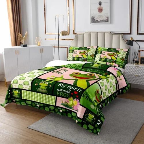 Vista 3 de Manfei Juego de colcha de verano con diseño de ranas de dibujos animados, diseño de animales de estanque, decoración de habitación de niños, niñas