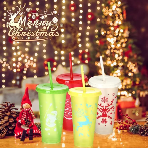 Vista 6 de Sliner 40 vasos reutilizables de Navidad con tapas y pajillas, vasos de plástico de 24 onzas con tapas y botellas de agua con popote a granel