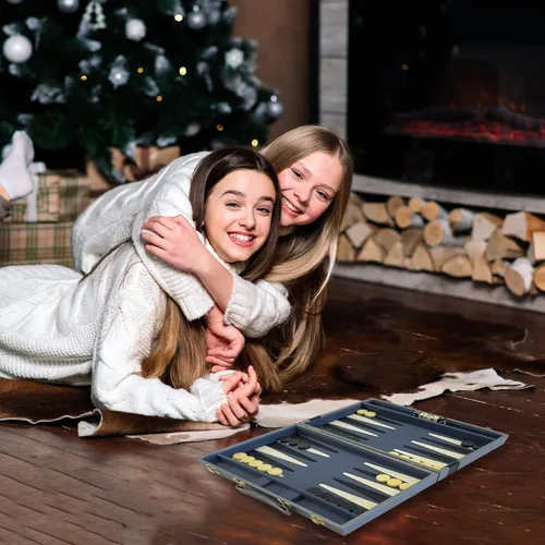 Vista 6 de Sun Flair Backgammon - Juegos de mesa para adultos y niños de 15 pulgadas, juego de mesa clásico plegable con funda de piel sintética premium