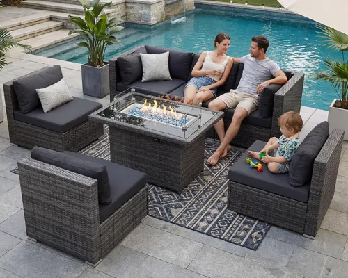Vista 60 de NICESOUL Juego de muebles de patio de ratán extra grande con mesa para fogata de gas y propano, 29.3 pulgadas, respaldo alto, cómodos conversaciones