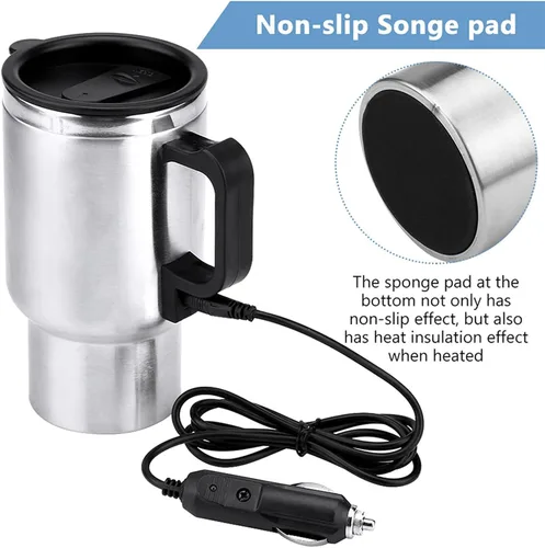Vista 8 de Taza eléctrica para coche, 15.2 fl oz, 12 V, taza de viaje calentada de acero inoxidable, taza de calentamiento de viaje, taza de café, té, taza