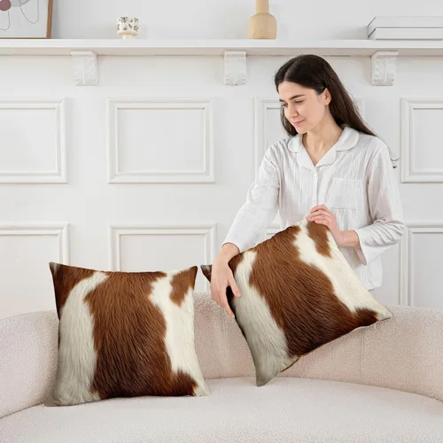 Vista 4 de Feelyou Juego de 2 fundas de almohada de piel de vaca, estilo occidental, rústico, para decoración del hogar, sala de estar, funda de cojín
