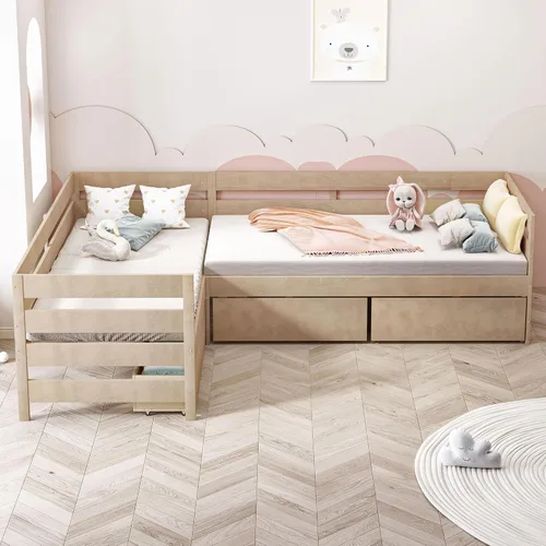 Vista 3 de Cama de plataforma de tamaño individual, cama individual en forma de L con tres cajones de almacenamiento, natural