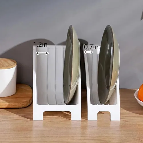 Vista 3 de 3 soportes para platos llanos, organizador de gabinete de cocina de plástico para platos verticales, estante de almacenamiento para encimera