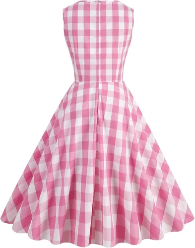 Vista 3 de ODASDO Vestido de cuadros rosa para mujer, estilo vintage, Rockabilly de los años 50, con tirantes delgados, acampanado, vestido midi para cóctel