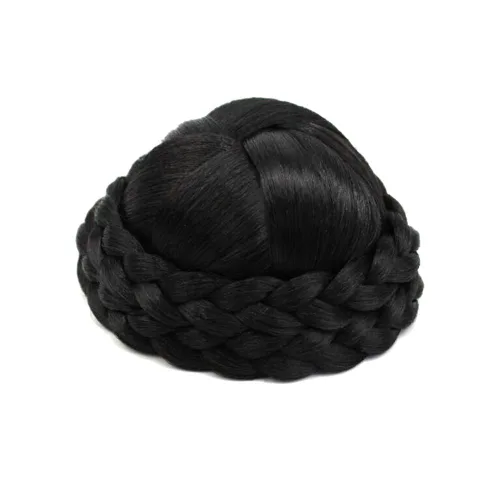 Vista 3 de Ronda trenzada superior moños, pieza de pelo con clip en chignon Donut Updo Scrunchie Extension para mujer, color negro