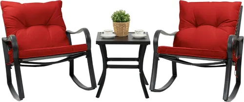 Vista 6 de Kozyard Juego de 3 sillas mecedoras para exteriores con mesa auxiliar y cojines, juego de muebles de mimbre para jardín, porche, patio trasero