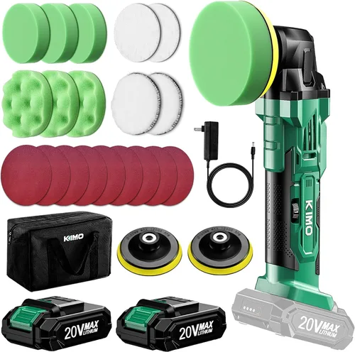 Vista 10 de KIMO Kit de Pulidora Inalámbrica para Coche 20V, Kit de Pulido de 25 Piezas, 6 Velocidades hasta 6000RPM / 2*Baterías de 2000mAh Pulidoras