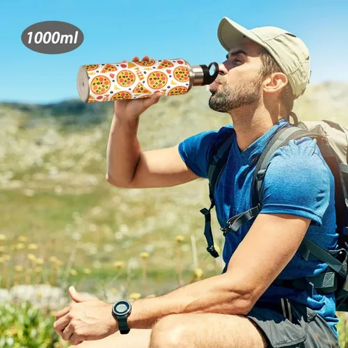 Vista 7 de Wusikd Pizza Slice - Botella de agua con tapa con pajilla, termo de doble pared para alimentos, termo aislado al vacío, botella de agua de acero