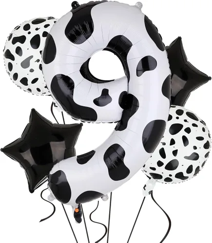 Vista 8 de Globo de 40 pulgadas con estampado de vaca con número 0 globos blancos con estampado de vaca, temática de vaquera, para niños, 10º cumpleaños