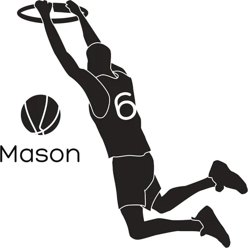 Vista 2 de Calcomanía de pared de jugador de baloncesto Scores a Goal in The Basket – Calcomanía de vinilo con nombre y número del jugador personalizable
