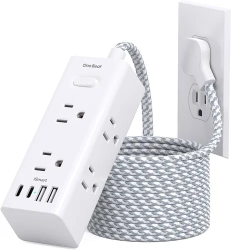 Vista 8 de One Beat Cable de extensión corto de 1 pie, regleta de alimentación de enchufe plano, protector de sobretensiones – 6 salidas amplias con 4 puertos