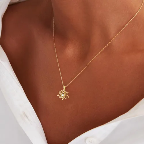 Vista 6 de KECHO Collar de loto para mujer con colgante de flor de oro macizo de 14 quilates, regalo de joyería de yoga para esposa, novia, hija