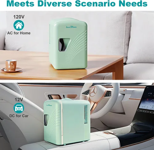 Vista 5 de Mini nevera, 4 litros/6 latas de cuidado de la piel con línea ondulada retro (verde) Compact Mini Makeup Fridge for Beauty & Beverages, Dual-use