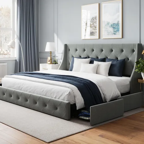 Vista 8 de WEEWAY Base de cama tapizada de tamaño matrimonial con 4 cajones de almacenamiento y cabecera con respaldo de ala, diseño capitoné, no necesita