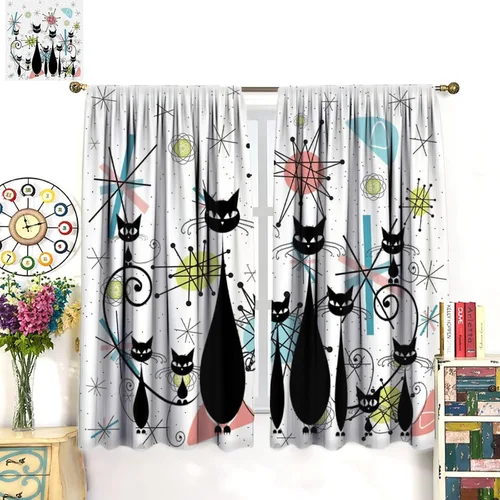 Vista 3 de Cortinas de estilo de mediados de siglo, diseño geométrico abstracto moderno, diseño retro, estampado de gato negro, para dormitorio, sala de estar