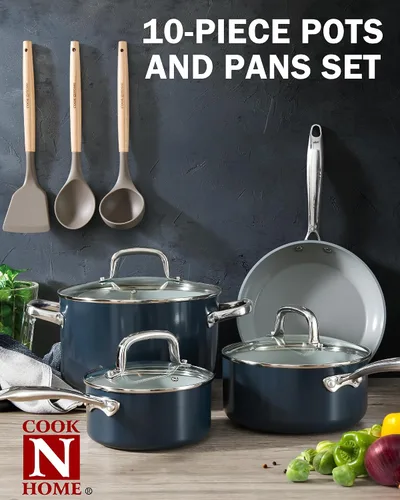 Vista 7 de Cook N Home Cacerola clásica antiadherente de cerámica de 1.5 cuartos de galón con tapa de vidrio, sartén de cocción de avena para sopa de leche
