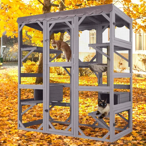 Vista 6 de Gran recinto de madera Catio para gatos al aire libre, condominio para gatos con 7 plataformas de escalada, 2 casas de siestas, panel de ventana