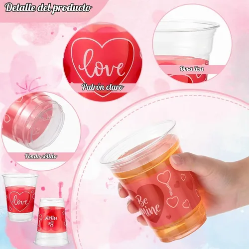 Vista 3 de Meanplan 100 vasos de plástico de San Valentín de 12 onzas a granel, vasos de San Valentín a granel, vasos de corazón rosa, suministros de fiesta