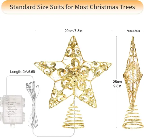 Vista 10 de Decoración de estrella para árbol de Navidad, decoración de estrella para árbol de Navidad con 40 luces LED y control remoto, 8 modos