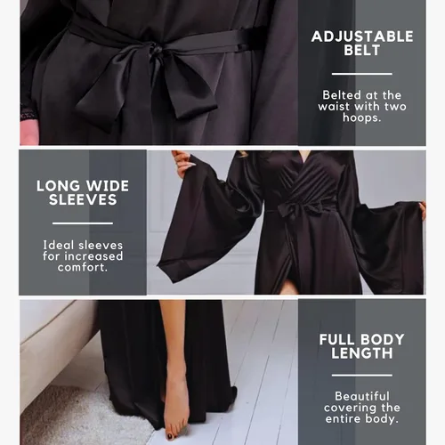 Vista 7 de Bata tipo kimono de satén con bolsillos, bata de satén para mujer, acogedora bata larga de satén para mujer, bata de lujo