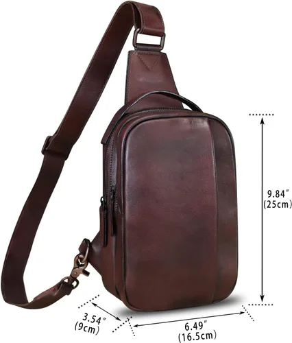 Vista 4 de LRTO Bolso de cuero genuino para hombres y mujeres, mochila bandolera de cuero real para el pecho, bolso cruzado, Café, Mochilas Sling
