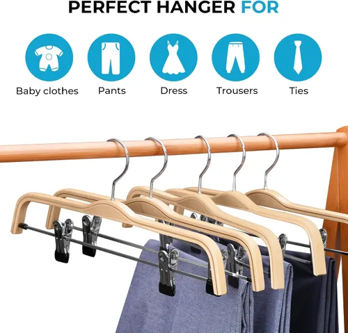 Vista 4 de J.S. Hanger gancho de ropa para pantalón de madera de acabado natural con gancho antioxido y 2 clips ajustables, 5 unidades.