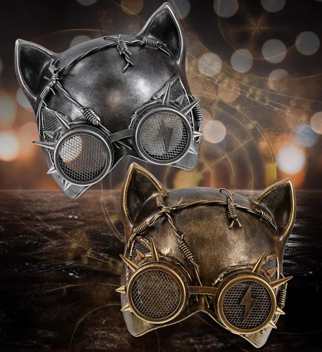 Vista 6 de Attitude Studio Steampunk - Juego de 2 máscaras metálicas de gato, color dorado y plateado