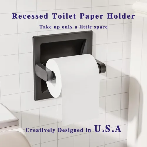 Vista 2 de Soporte de Papel Higiénico Negro Mate Empotrado para Rollos Grandes, Soporte de Papel Higiénico Negro Pivotante de Acero Inoxidable para Montaje
