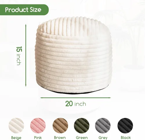 Vista 2 de HIGOGOGO Puf Otomano Redondo Relleno, Pufs de Piel Sintética a Rayas con Relleno de Trozos de Espuma, Puf Peludo y Esponjoso Taburete Reposapiés