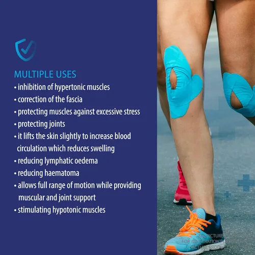 Vista 5 de Paquete de 3 cintas Kinesiology Pro Athletic Sports. Rodilla, tobillo, músculo, dinámica deportiva cinética, terapia física. Algodón resistente H2o
